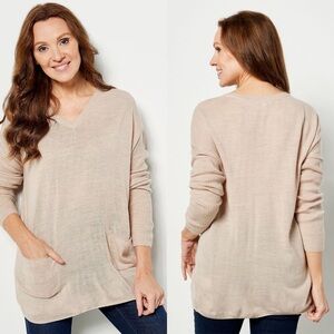 Denim&Co. V-Neck Drop Shoulder Tunic Honey Beige Heather Oversized Sweater - Med